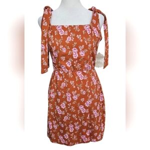 ALTAR'D STATE Floral Sundress Square Neck Shoulder Ties In Rust/pink. Size M NWT
